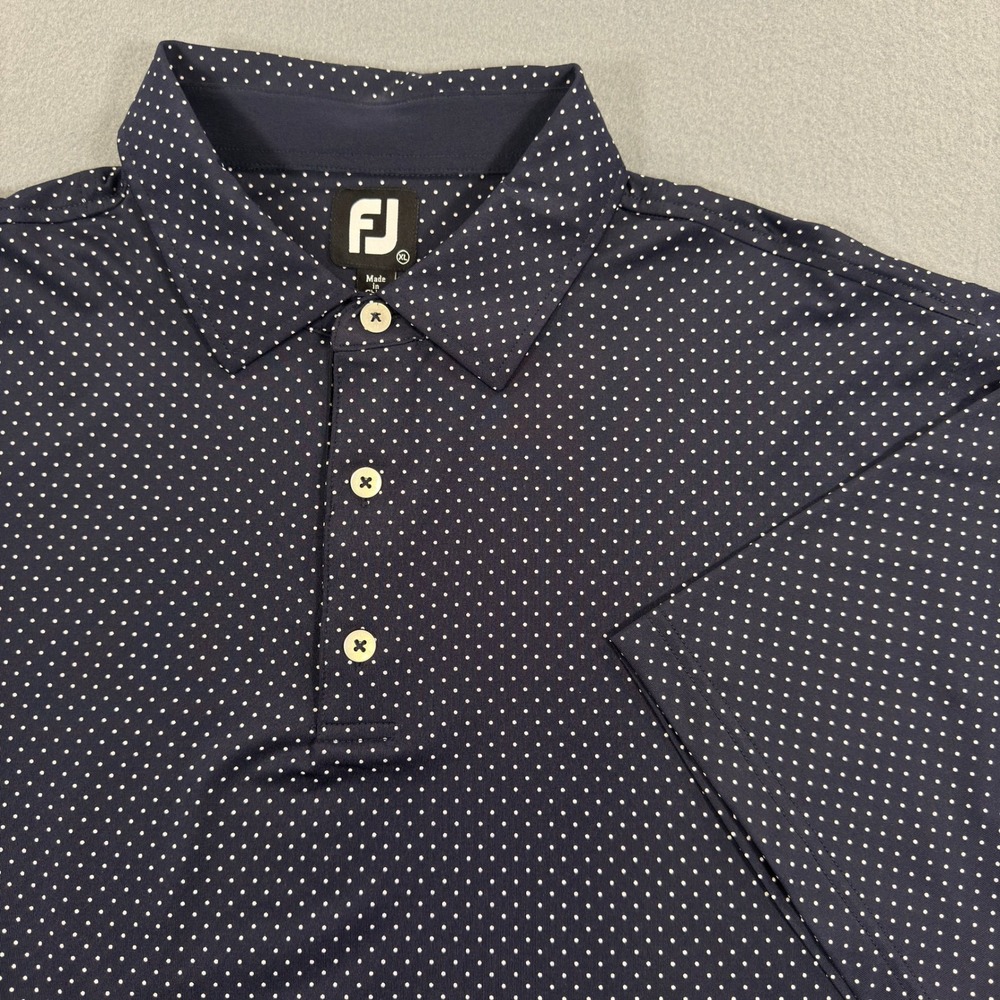 FootJoy Mens XL Navy Blue White Polka Dot Performance Golf Polo Shirt FJ Logo